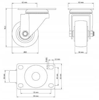 Kółko obrotowe łożyskowane Ø 65 mm z gumą – podstawa 63 × 94 mm. - 6