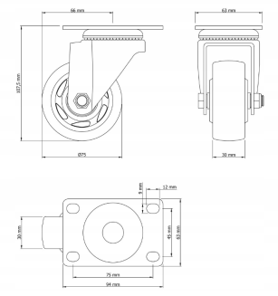 Kółko obrotowe łożyskowane Ø 75 mm z gumą – podstawa 63 × 94 mm. - 6