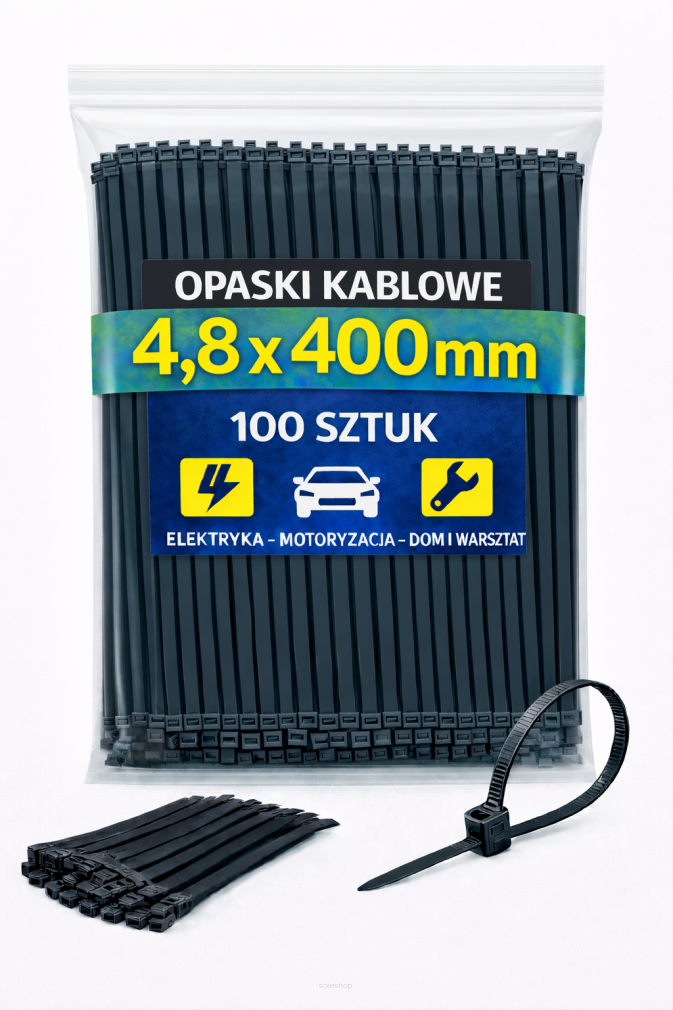 Opaski zaciskowe 4,8 × 400 mm czarne – trytytki kablowe nylon PA – 100 szt.