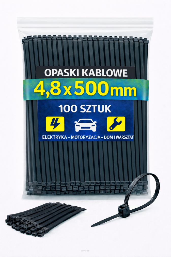 Opaski zaciskowe 4,8 × 500 mm czarne – trytytki kablowe nylon PA – 100 szt.