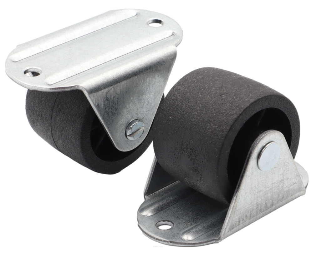 Rolka meblowa sztywna H32 mm,  czarna z płytką 48 × 27 mm.