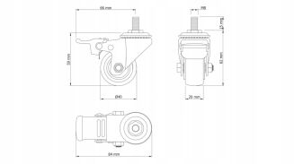 Kółko meblowe obrotowe Ø 40 mm — gumowane, czarne, z hamulcem, trzpień gwintowany M8 × 15 mm. - 5