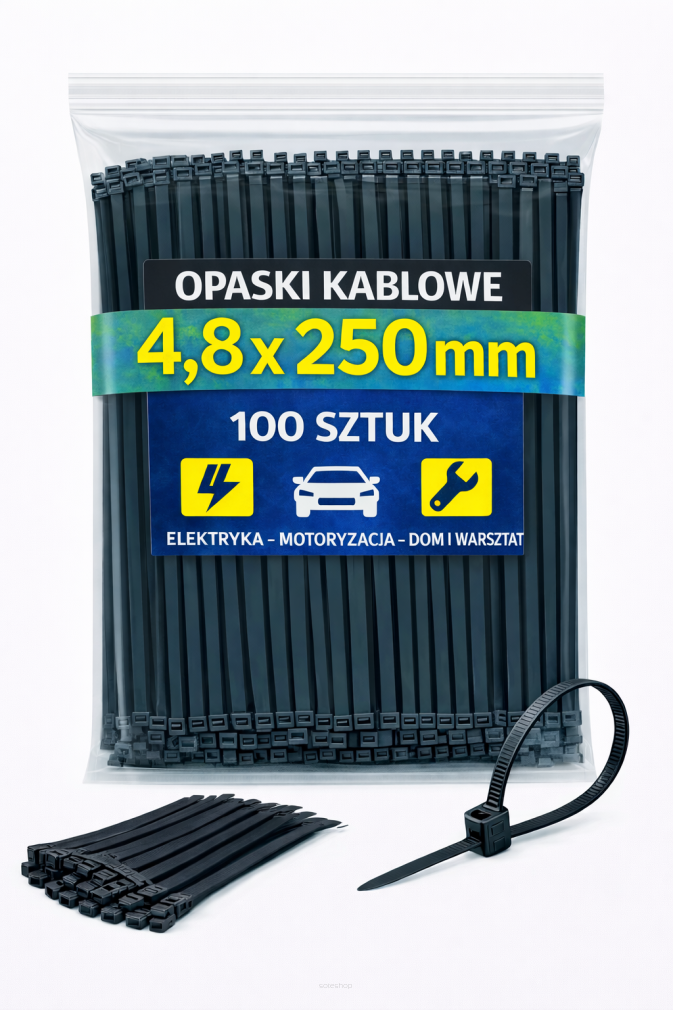 Opaski zaciskowe 4,8 × 250 mm czarne – trytytki kablowe nylon PA – 100 szt.