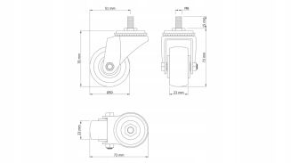 Kółko meblowe obrotowe Ø 50 mm — gumowane, czarne, trzpień gwintowany M8 × 15 mm. - 5