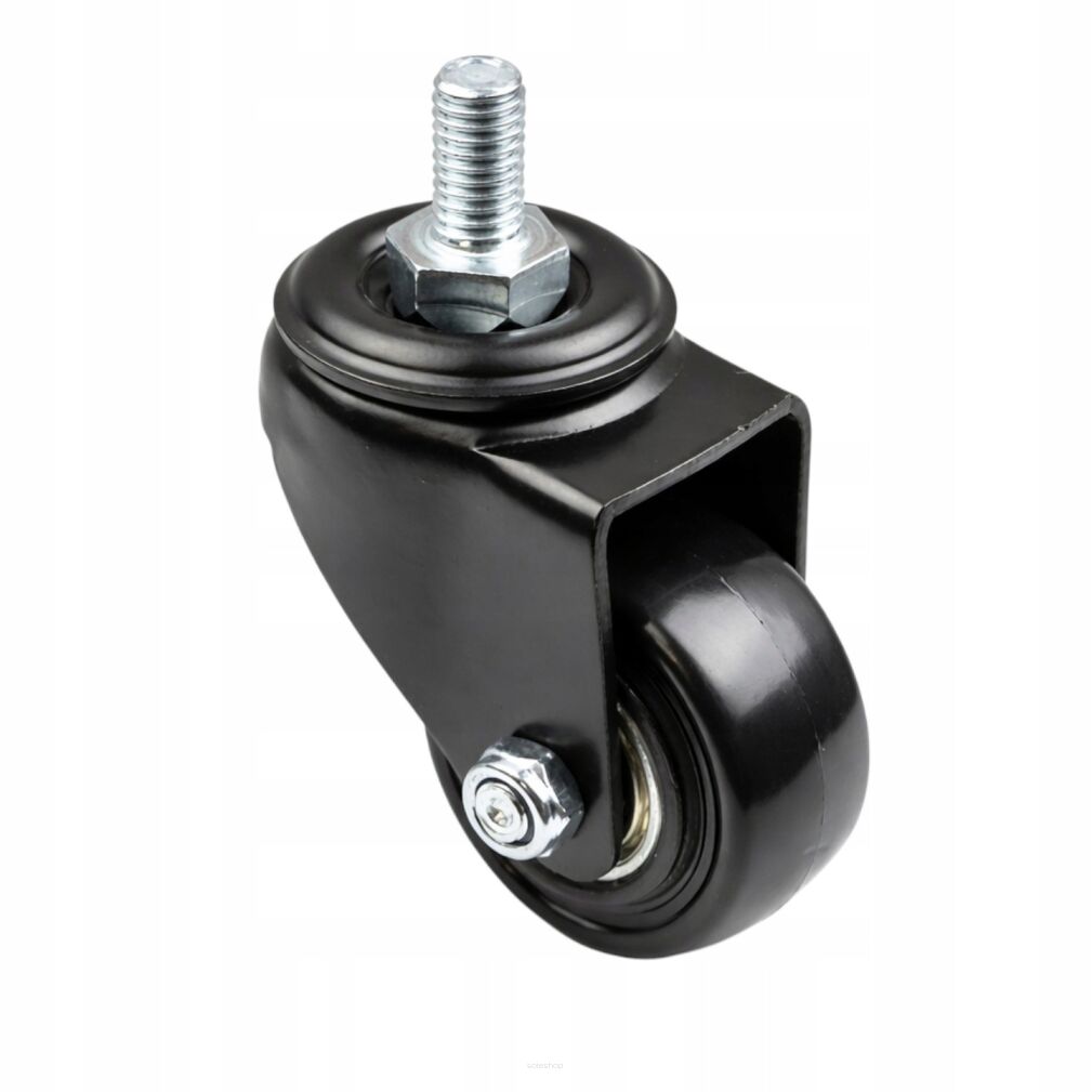 Kółko meblowe obrotowe Ø 50 mm — gumowane, czarne, trzpień gwintowany M8 × 15 mm.