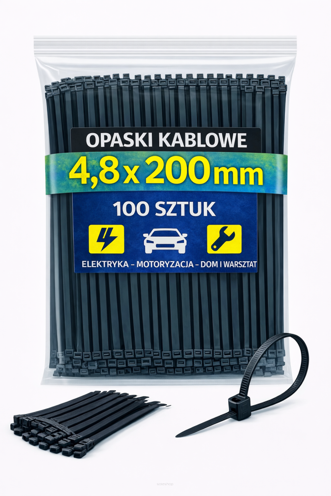 Opaski zaciskowe 4,8 × 200 mm czarne – trytytki kablowe nylon PA – 100 szt.