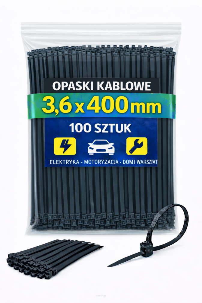 Opaski zaciskowe 3,6 × 400 mm czarne – trytytki kablowe nylon PA – 100 szt.